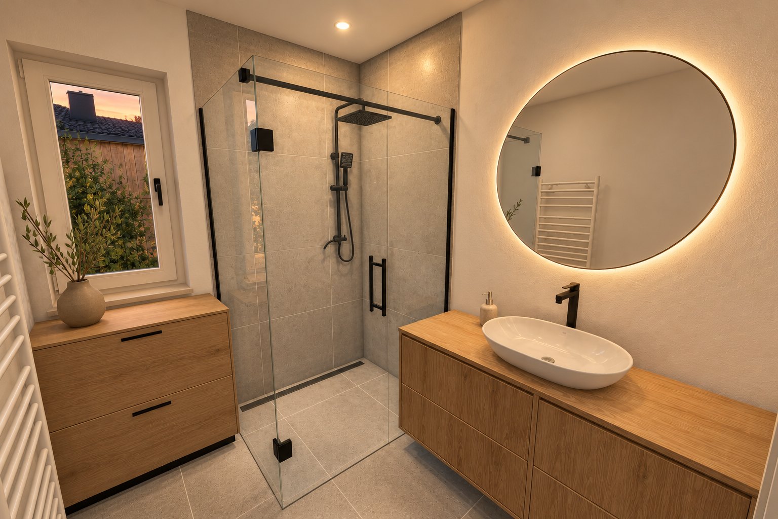 Visualisierung Haus 1: Bad mit Glasdusche, Aufsatzwaschbecken und Waschtisch in Holzoptik