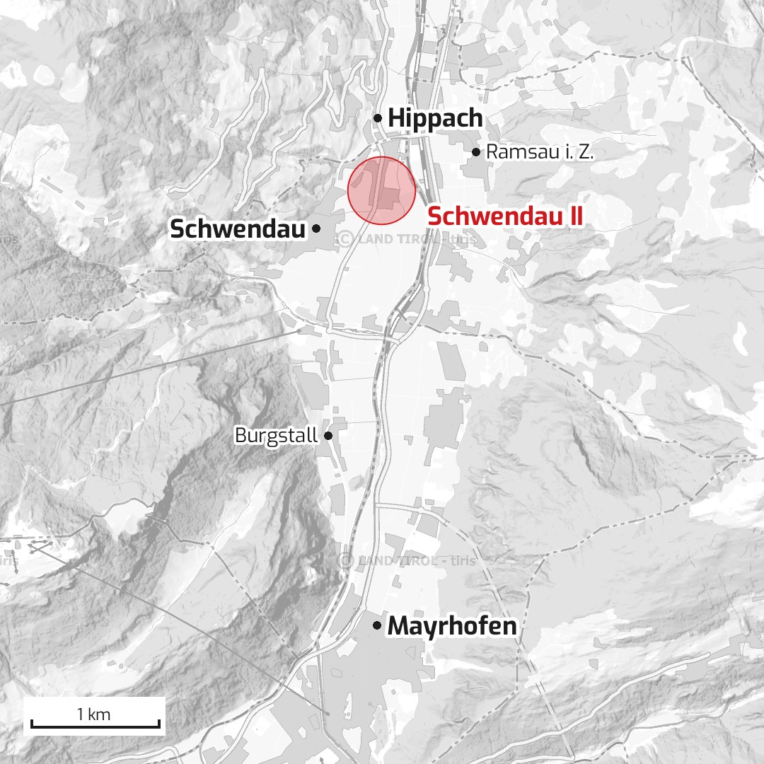 Übersichtskarte vorderes Zillertal: Schwendau II zwischen Schwendau und Hippach, Mayrhofen südlich